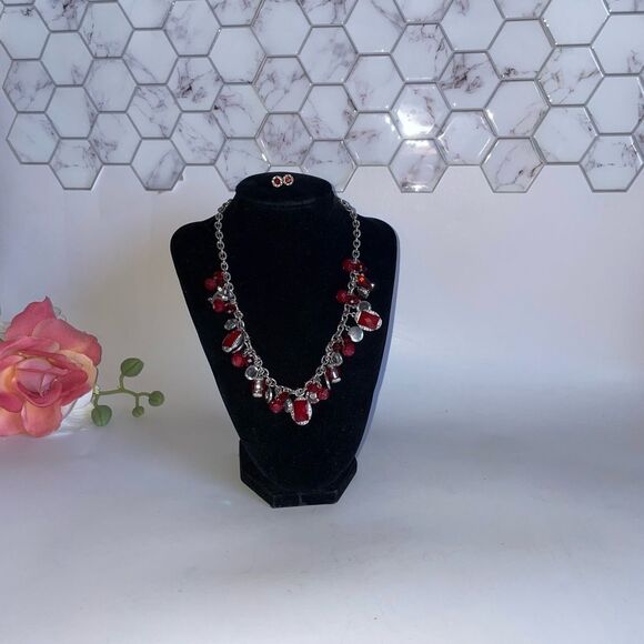Elegant White House Black Market Set Red and Silver Necklace & Earrings - Picture 2 of 5